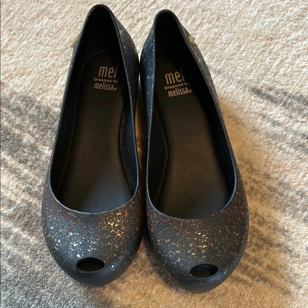 Mini Melissa Kids Black Peep Toe Ballerina Flats. - Picture 2 of 7